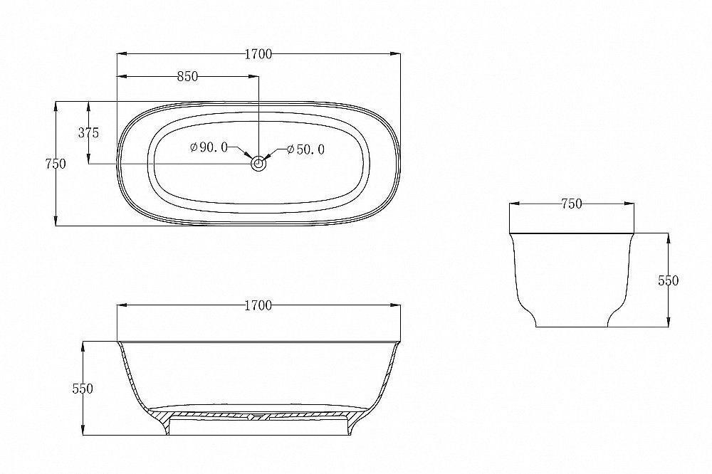 Ванна Abber Kristall 170x75 AT9707Onyx черная прозрачная купить в интернет-магазине Sanbest
