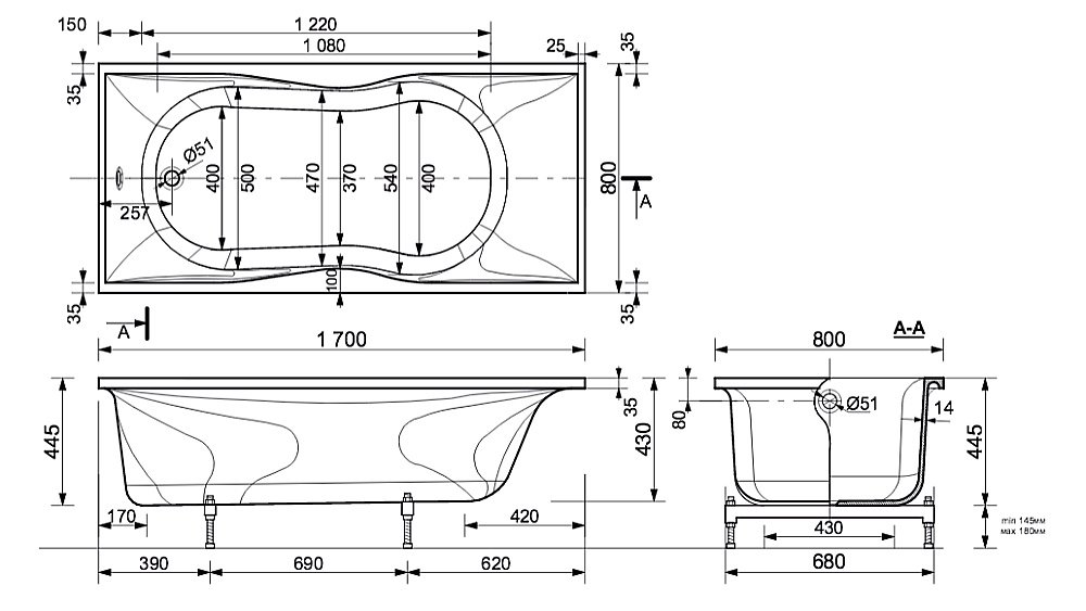 Ванна Эстет Бета 170x80 белая купить в интернет-магазине Sanbest