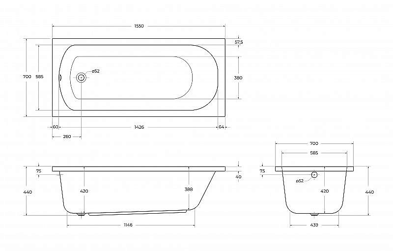Ванна акриловая Cezares 155x70 ECO-155-70-41-W37 белая купить в интернет-магазине Sanbest