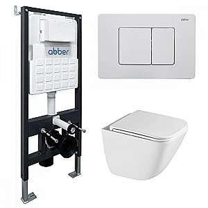 Унитаз подвесной ABBER Rechteck AC1220TC-AC0105-AC0120MW белый/кнопка белая матовая, с крышкой микролифт, с инсталляцией, безободковый, слив-торнадо купить в интернет-магазине Sanbest
