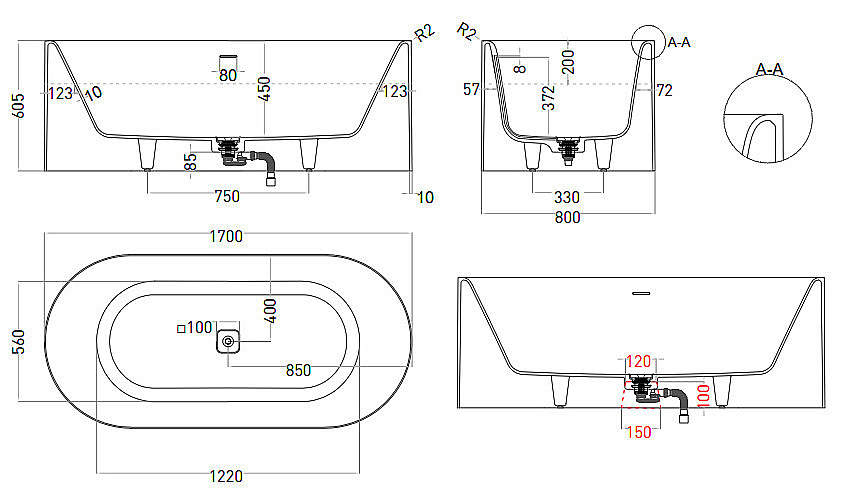Ванна Salini PERLA S-stone 1049201M 170x80 белая купить в интернет-магазине Sanbest
