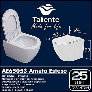 Унитаз подвесной Taliente Amato Esteso T3 AE65053 безободковый, смыв торнадо, с крышкой микролифт, белый купить в интернет-магазине Sanbest