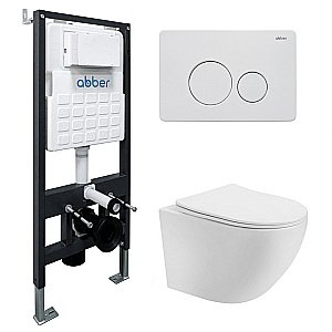 Унитаз подвесной Abber Bequem AC1100T-AC0105-AC0121MW белый, безободковый, с инсталляцией, с крышкой микролифт, слив-торнадо, с белой матовой кнопкой купить в интернет-магазине Sanbest