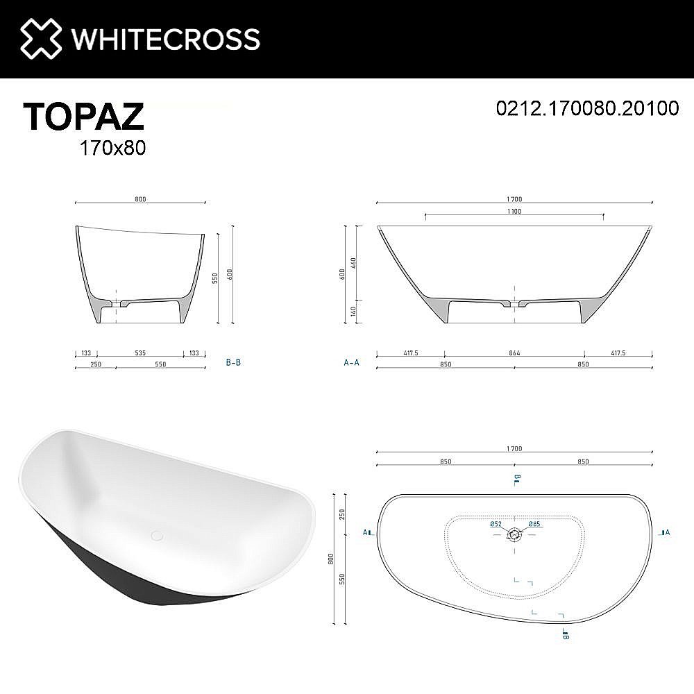 Ванна WhiteCross Topaz 170x80 черный/белый матовый купить в интернет-магазине Sanbest