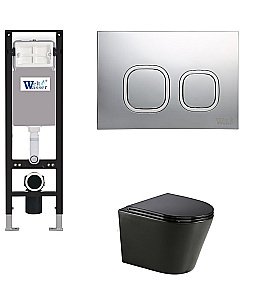 Унитаз с инсталляцией WeltWasser AMBERG 350+SALZBACH 043 GL-BL+AMBERG RD-MT CR черный/кнопка матовый хром, безободковый, с крышкой микролифт, слив торнадо купить в интернет-магазине Sanbest