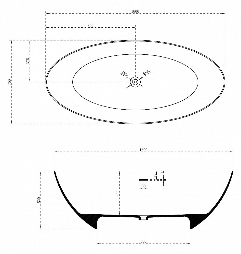 Ванна из искусственного камня ABBER Stein AS9625-1.6 160х75 белая матовая купить в интернет-магазине Sanbest