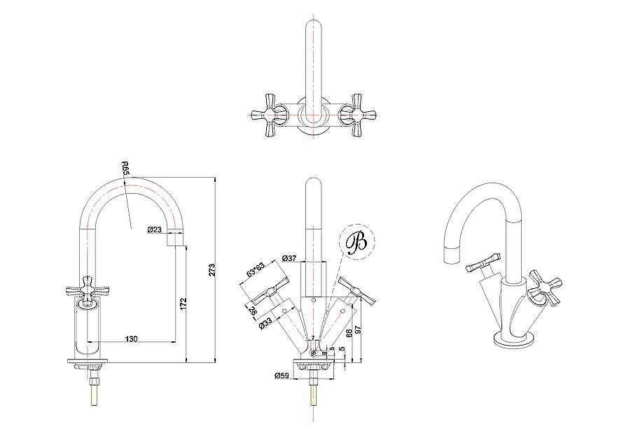 Смеситель для раковины Burlington Riviera RIV8 GOLD золото купить в интернет-магазине сантехники Sanbest