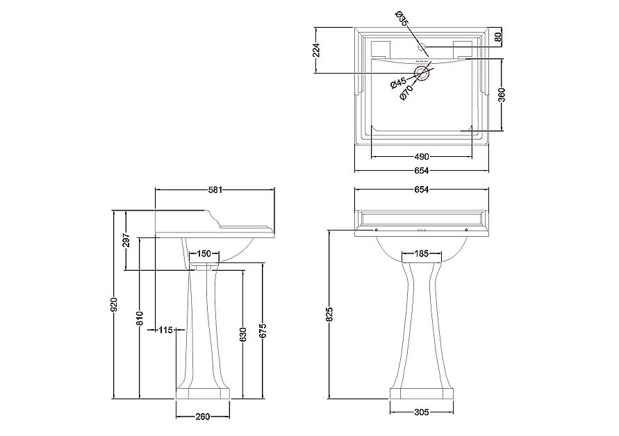Раковина на пьедестале Burlington Classic 65 B15 2TH-P6 белая купить в интернет-магазине Sanbest