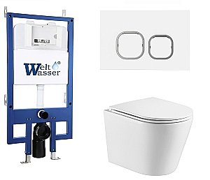 Унитаз подвесной WeltWasser BAMBERG 545+SALZBACH 043 GL-WT+BAMBERG WT белый глянцевый, безободковый, с крышкой микролифт, слив торнадо, с инсталляцией и белой кнопкой купить в интернет-магазине Sanbest