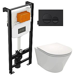 Унитаз подвесной Jacob Delafon RODIN+ E21748RU-00 безободковый, с крышкой микролифт, с инсталляцией и черной кнопкой купить в интернет-магазине Sanbest