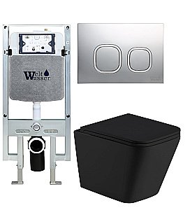 Унитаз подвесной WeltWasser AMBERG 497 ST + GELBACH 043 MT-BL + AMBERG RD-CR черный матовый, безободковый, с крышкой микролифт, слив-торнадо, с инсталляцией и кнопкой хром глянцевый купить в интернет-магазине Sanbest