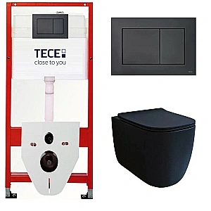 Унитаз подвесной beWash SCHUTZ с инсталляцией TECE 9400414+BKWHR102510 безободковый, с сиденьем микролифт, чёрный матовый/кнопка черная матовая купить в интернет-магазине Sanbest