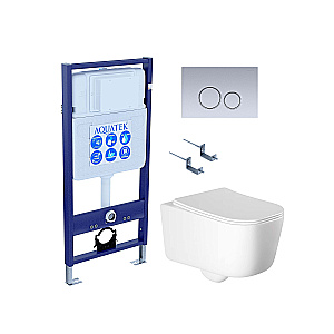 Унитаз подвесной Aquatek ЛУГАНО AQ2002-00+INS-0000012+KDI-0000019+KKI-0000002 белый, безободковый, с крышкой микролифт, с инсталляцией и кнопкой хром матовый купить в интернет-магазине Sanbest