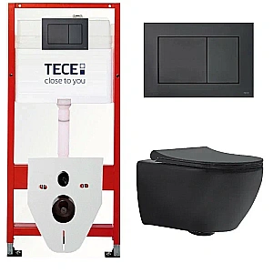 Унитаз подвесной beWash Bogen с инсталляцией TECE 9400414+88303270 безободковый, с сиденьем микролифт, черный матовый/кнопка черная матовая купить в интернет-магазине Sanbest