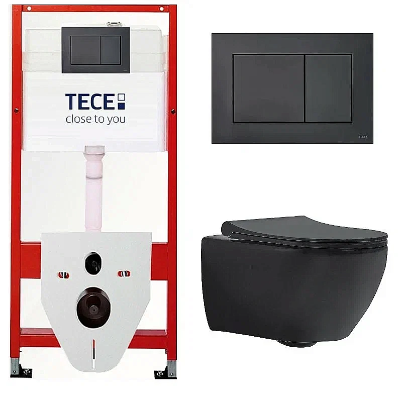 Унитаз подвесной beWash Bogen с инсталляцией TECE 9400414+88303270 безободковый, с сиденьем микролифт, черный матовый/кнопка черная матовая купить в интернет-магазине Sanbest