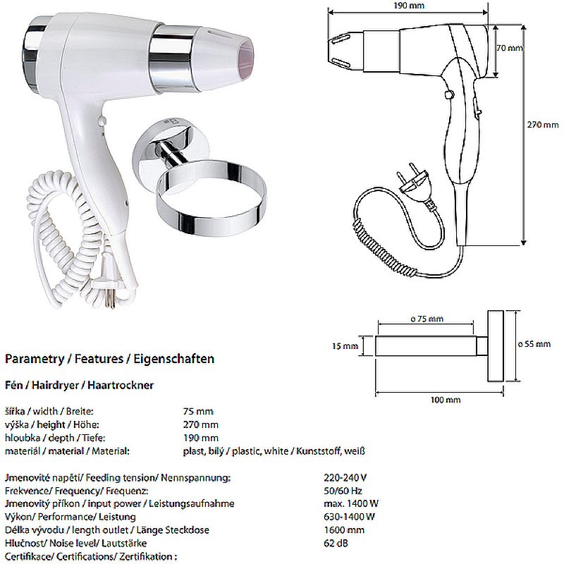 Фен Bemeta Hotel 999433084-2 белый/хром купить в интернет-магазине сантехники Sanbest