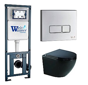 Унитаз подвесной WeltWasser MARBERG 410 + MERZBACH 043 GL-BL + MAR 410 SE-CR черный глянцевый, безободковый, с крышкой микролифт, слив-торнадо, с инсталляцией и кнопкой хром купить в интернет-магазине Sanbest