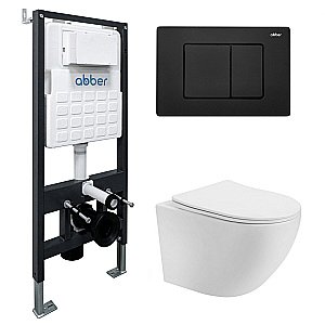 Унитаз подвесной Abber Bequem AC1100T-AC0105-AC0120MB белый, безободковый, с инсталляцией, с крышкой микролифт, слив-торнадо, с черной матовой кнопкой купить в интернет-магазине Sanbest