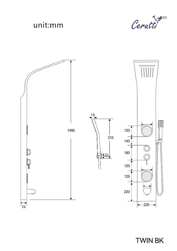 Душевая панель CeruttiSpa TWIN BR CT9988 Матовая Нержавеющая Сталь купить в интернет-магазине сантехники Sanbest