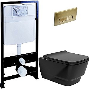 Унитаз Boheme Bello 971-B, безободковый, с инсталяцией, черный, кнопка 664 матовое золото купить в интернет-магазине Sanbest