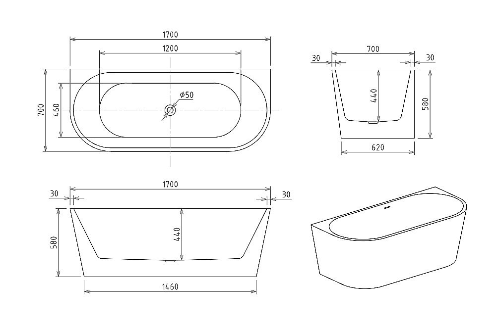 Акриловая ванна Royal Bath RIVA RB610211GR 170х70 белый купить в интернет-магазине Sanbest