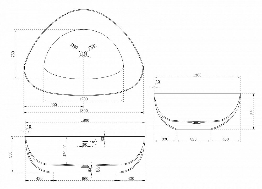 Ванна из искусственного камня ABBER Stein AS9608 180х130 белая матовая купить в интернет-магазине Sanbest
