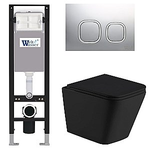 Унитаз подвесной WeltWasser AMBERG 350 + GELBACH 043 MT-BL + AMBERG RD-MT CR черный матовый, безободковый, с крышкой микролифт, слив-торнадо, с инсталляцией и кнопкой хром матовый купить в интернет-магазине Sanbest