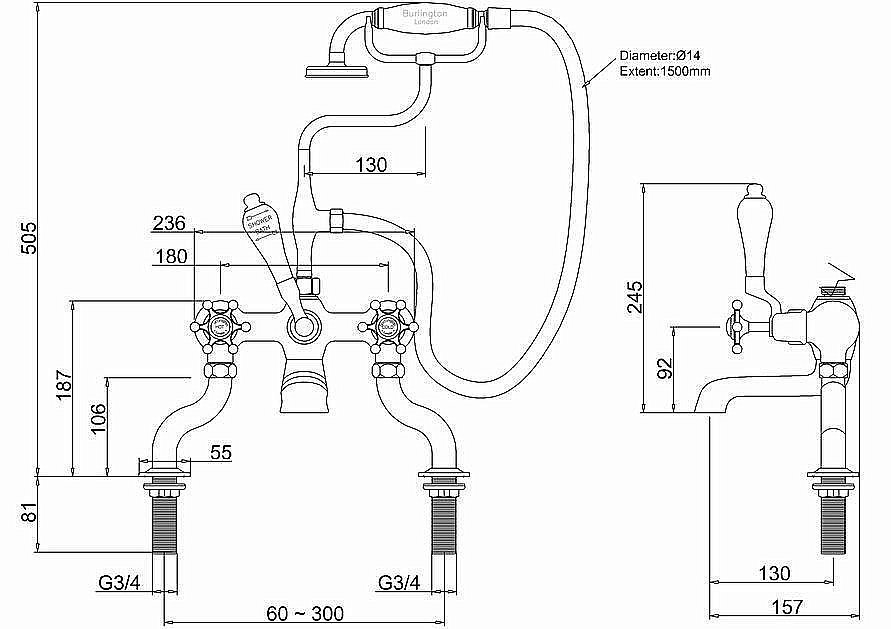 Смеситель для ванны Burlington BI15-QT BLA хром/ручки черные купить в интернет-магазине сантехники Sanbest
