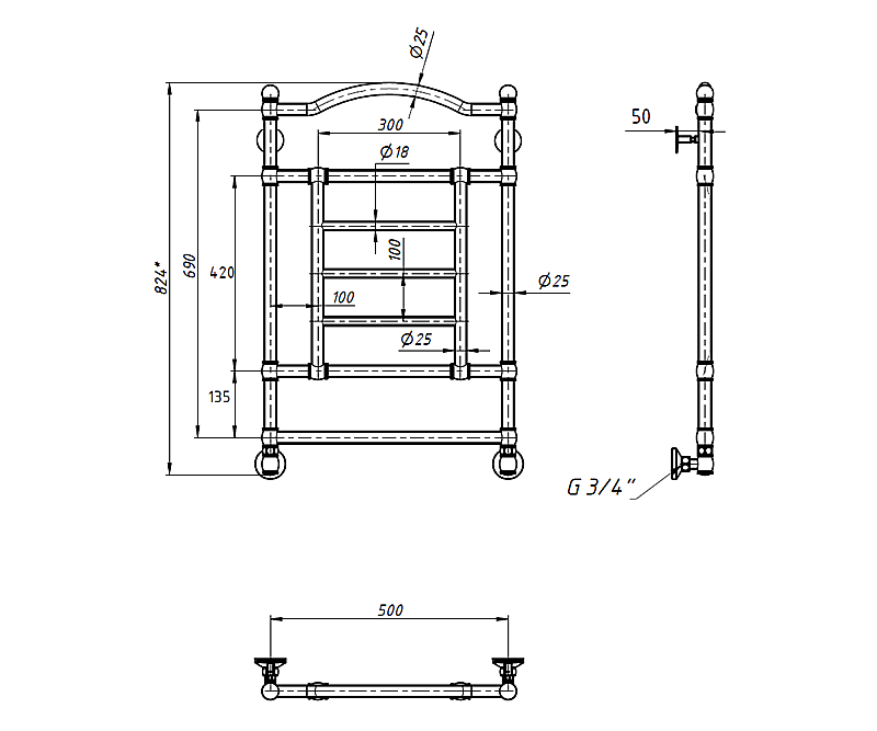 Полотенцесушитель водяной Bronze de Luxe Омега 800х500 хром купить в интернет-магазине сантехники Sanbest