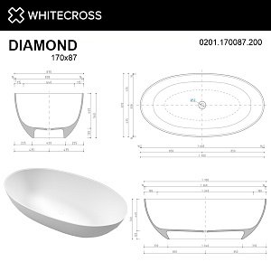 Ванна из искусственного камня WhiteCross DIAMOND 170x87 белая матовая купить в интернет-магазине Sanbest