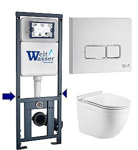 Унитаз подвесной WeltWasser MARBERG 410 + HEIMBACH 043 GL-WT + MAR 410 SE GL-WT белый глянцевый, безободковый, с крышкой микролифт, слив-торнадо, с инсталляцией и белой кнопкой купить в интернет-магазине Sanbest
