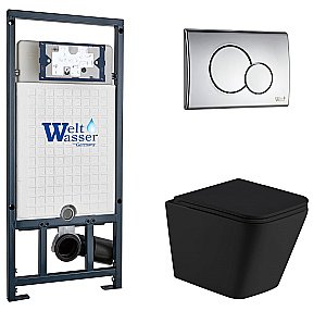 Унитаз подвесной WeltWasser MARBERG 507 + GELBACH 043 MT-BL + MAR 507 RD CR черный матовый, безободковый, с крышкой микролифт, слив-торнадо, с инсталляцией и кнопкой хром купить в интернет-магазине Sanbest