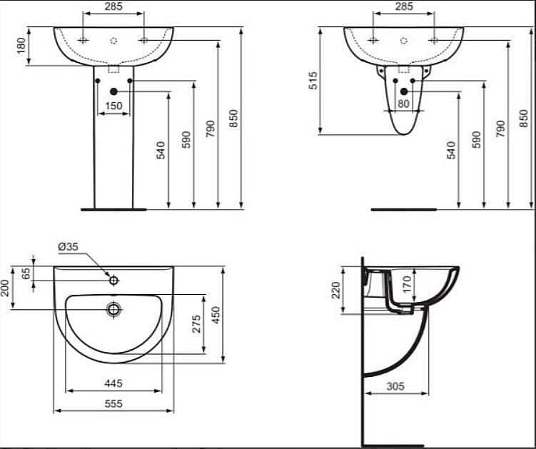 Раковина на полупьедестале Ideal Standard Eurovit 55,5 W434001 белая купить в интернет-магазине Sanbest