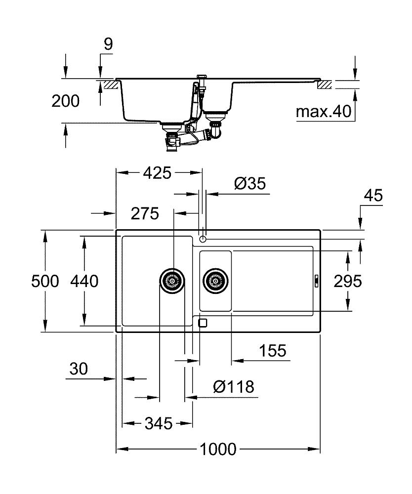 Кухонная мойка Grohe K500 31646AP0 черный гранит купить в интернет-магазине сантехники Sanbest