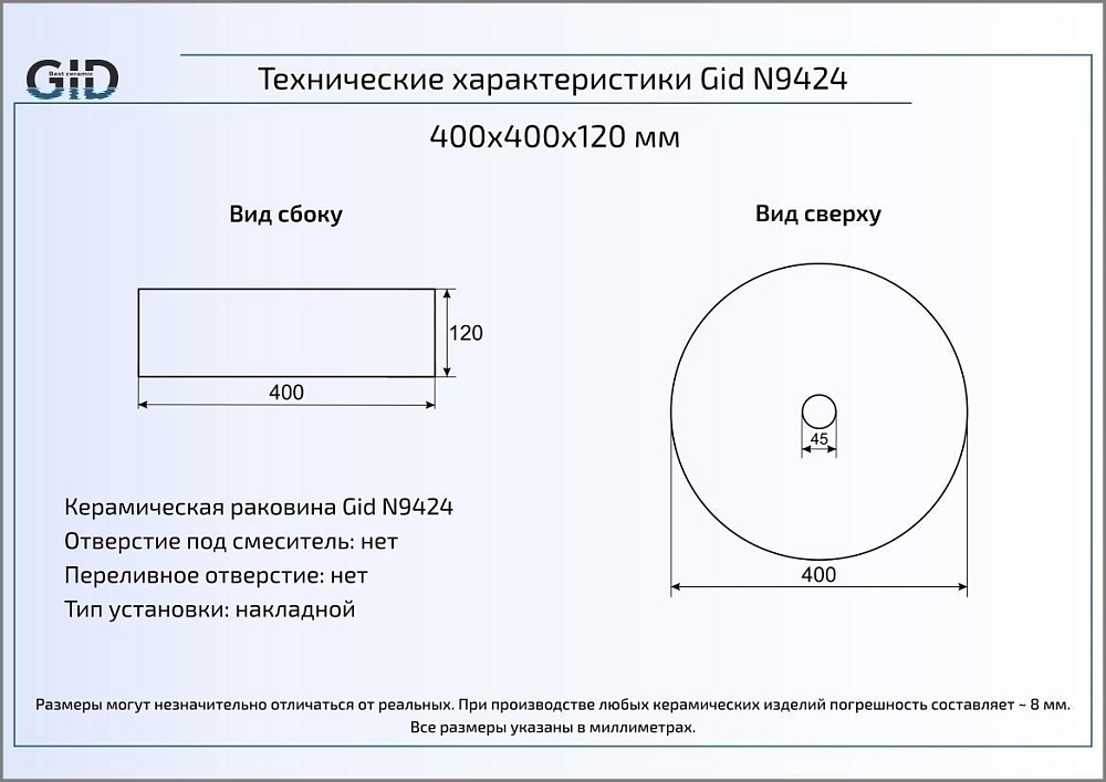 Раковина накладная Gid N9424 Белый купить в интернет-магазине Sanbest