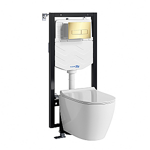 Унитаз подвесной WasserKRAFT Mindel 56TLT.010.ME.PG03.H002 безободковый, с инсталляцией Vils 56, с крышкой микролифт, белый/кнопка золото глянцевое купить в интернет-магазине Sanbest