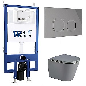 Унитаз с инсталляцией WeltWasser BAMBERG 545+SALZBACH 041 MT-GR+BAMBERG CR серый матовый/кнопка хром, безободковый, с крышкой микролифт, слив торнадо купить в интернет-магазине Sanbest