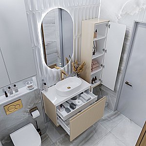 Тумба с раковиной подвесная Grossman КРИСТАЛЛ 80 с 1 ящ, бежевая матовая/столешница белая глянец для ванной в интернет-магазине Sanbest