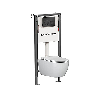 Унитаз подвесной Ceramica Play CN3001 белый, безободковый, с инсталляцией Balance CN121001MB и кнопкой Circle черный матовый купить в интернет-магазине Sanbest