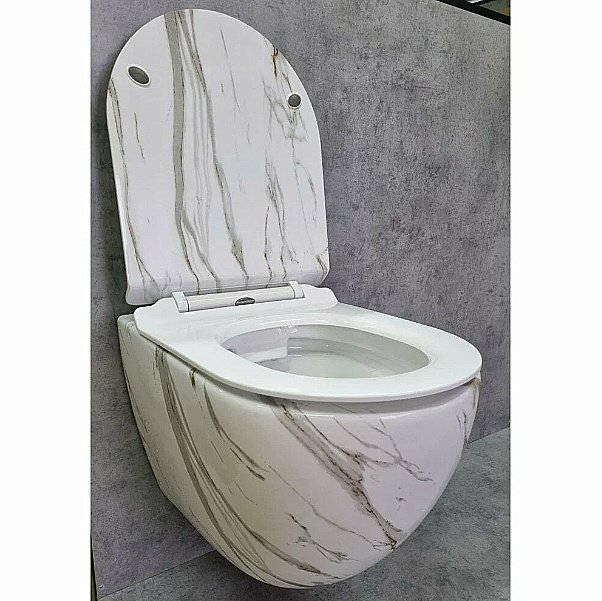 Унитаз подвесной Ceramalux 2213-K белый мрамор, безободковый, с крышкой микролифт купить в интернет-магазине Sanbest