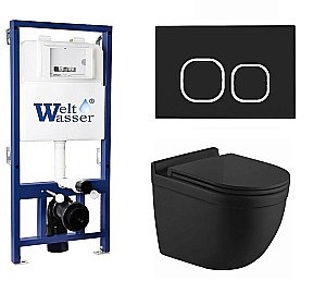 Унитаз с инсталляцией WeltWasser BAMBERG 525+HEIMBACH 043 MT-BL+BAMBERG BL черный матовый/кнопка черная, безободковый, с крышкой микролифт, слив торнадо купить в интернет-магазине Sanbest