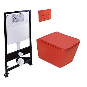 Унитаз подвесной с инсталляцией SantiLine SL-5007T-MR+SL-01/MR красный матовый/кнопка красная матовая, безободковый, с крышкой микролифт, слив торнадо купить в интернет-магазине Sanbest