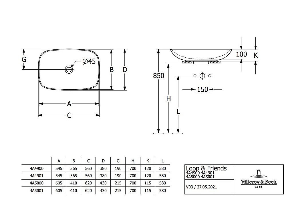 Раковина Villeroy&Boch Loop & Friends 4A4901I4 графит купить в интернет-магазине Sanbest