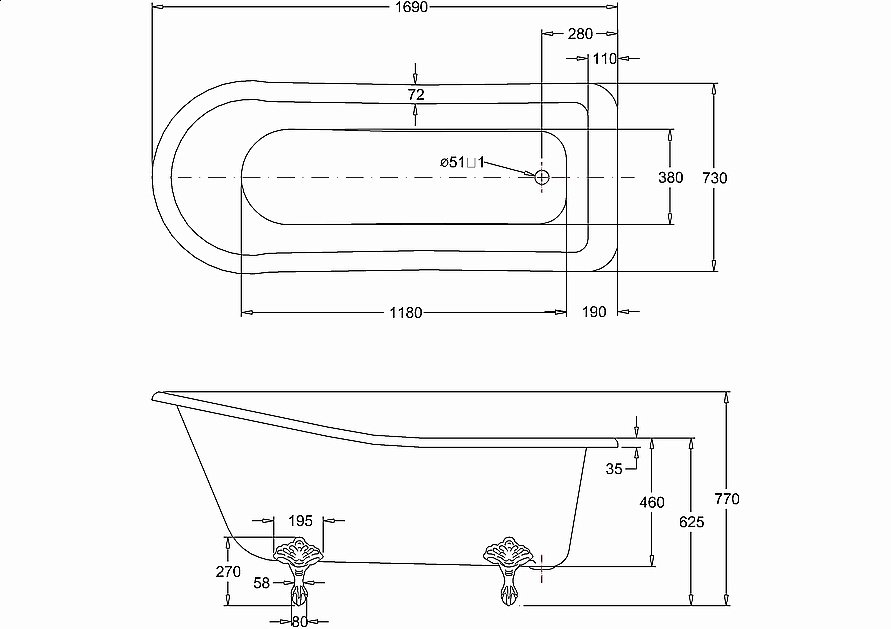 Ванна акриловая Burlington Harewood Slipper 169х73 купить в интернет-магазине Sanbest