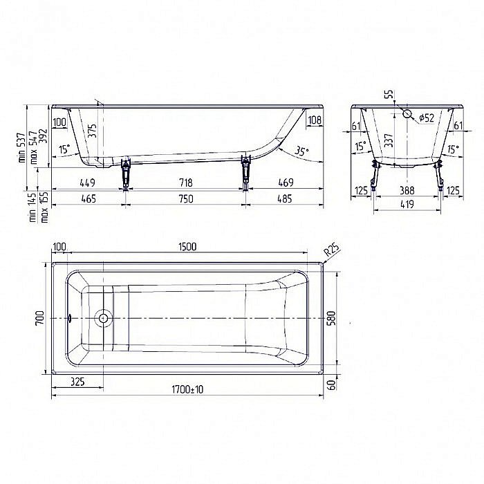 Ванна чугунная Delice Parallel Comfort DLR220505RB-AS 170х70 белая с черными матовыми ручками купить в интернет-магазине Sanbest