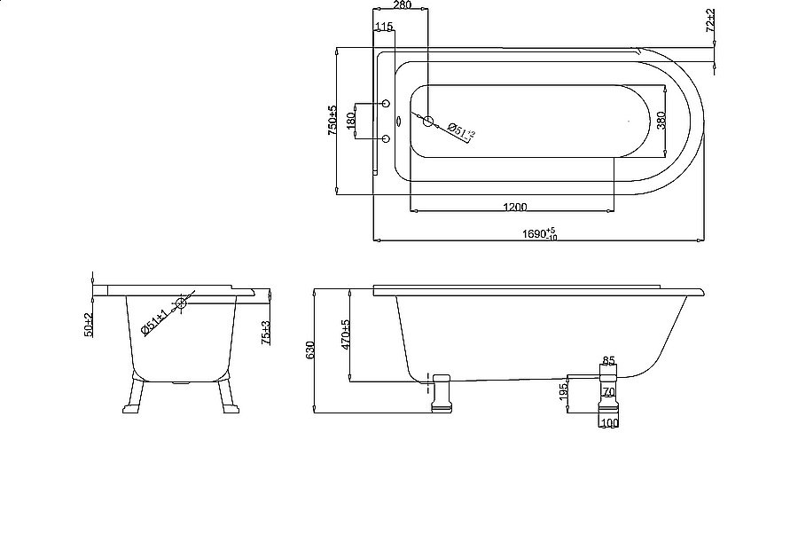 Ванна акриловая Burlington Hampton 170x75 купить в интернет-магазине Sanbest