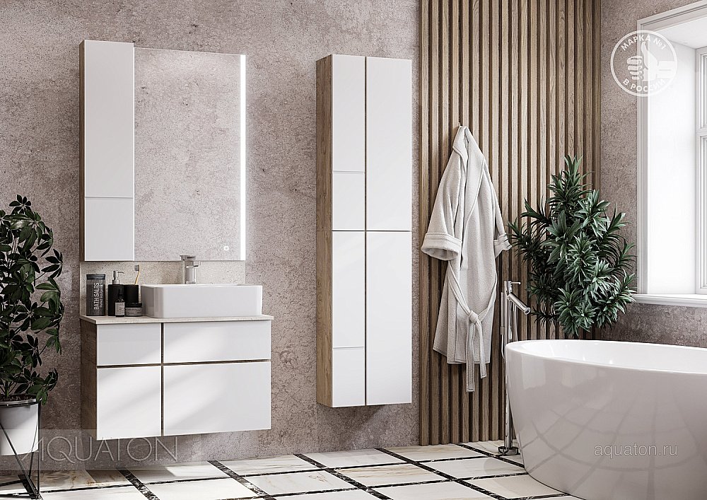 Шкаф подвесной Акватон Мишель 23 дуб эндгрейн/белый для ванной в интернет-магазине сантехники Sanbest