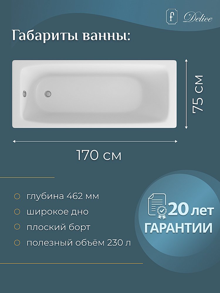 Ванна чугунная Delice Biove Comfort DLR220509 170х75 белая купить в интернет-магазине Sanbest
