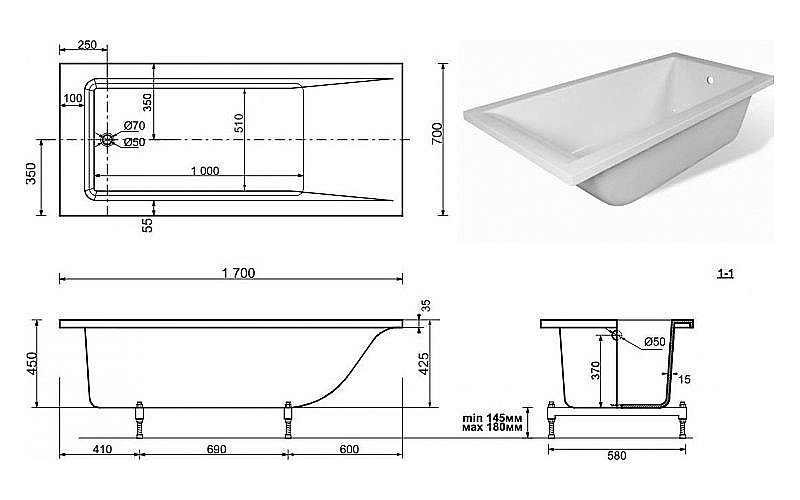 Ванна Aquanet Bright Stone 170х70 AQ-00332880 белая купить в интернет-магазине Sanbest
