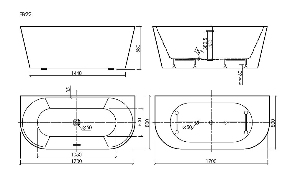 Ванна акриловая Sancos Labo FB22 170х80 белая купить в интернет-магазине Sanbest